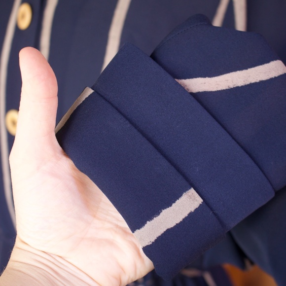 Catherine Bacon 100% Silk Blue & White Stripe Double Collar High Low Blouse XS - Picture 8 of 17